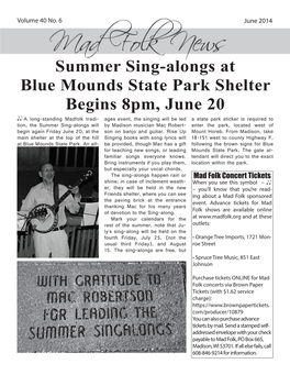 Summer Sing-Alongs at Blue Mounds State Park Shelter Begins