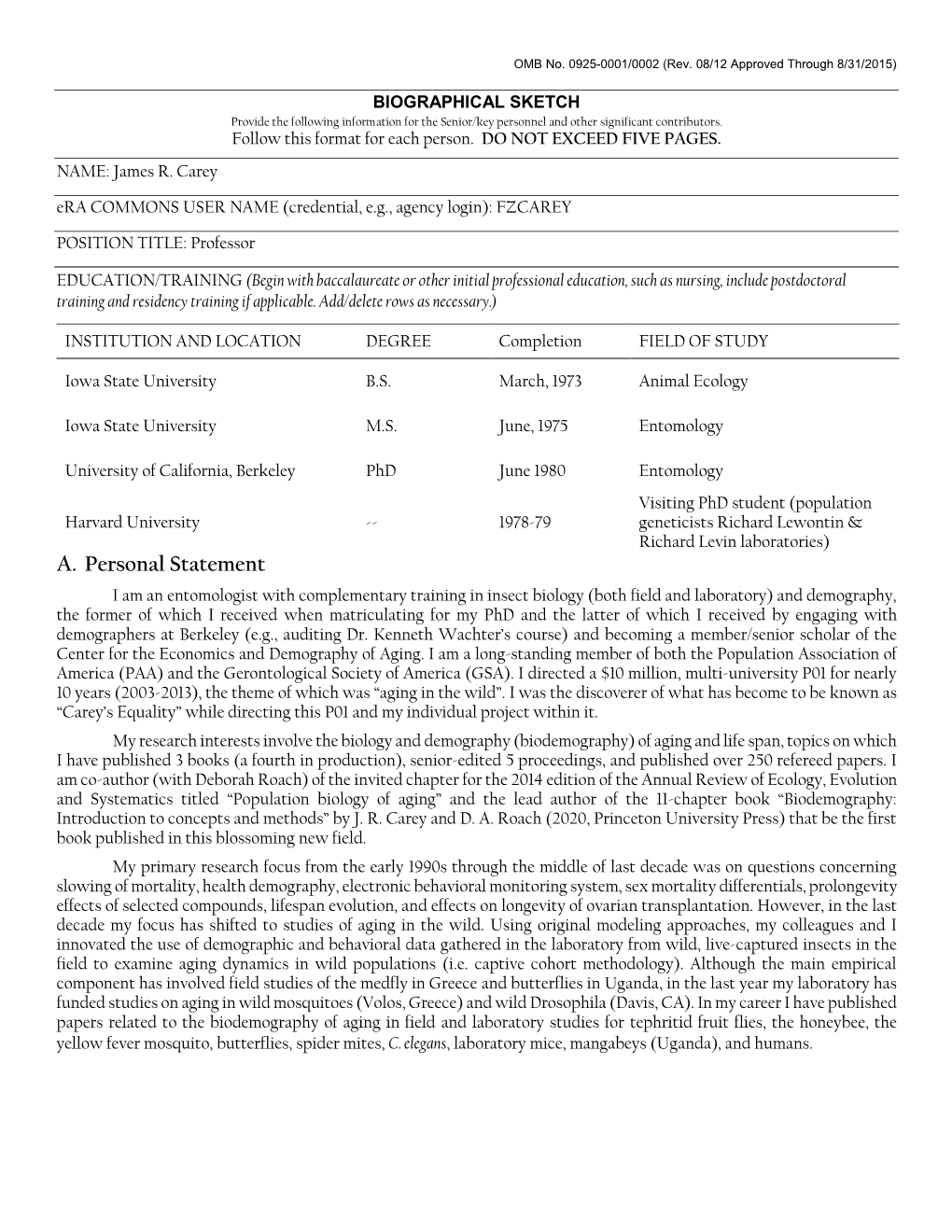 OMB No. 0925-0046, Biographical Sketch Format Page