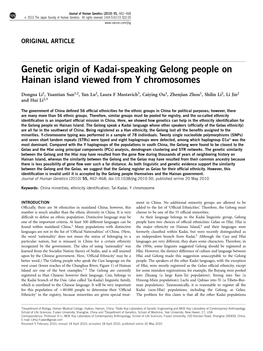 Genetic Origin of Kadai-Speaking Gelong People on Hainan Island Viewed from Y Chromosomes
