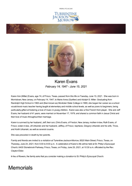 Karen Evans February 14, 1947 - June 15, 2021