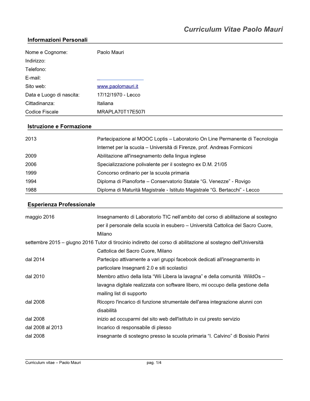 Curriculum Vitae Paolo Mauri Informazioni Personali