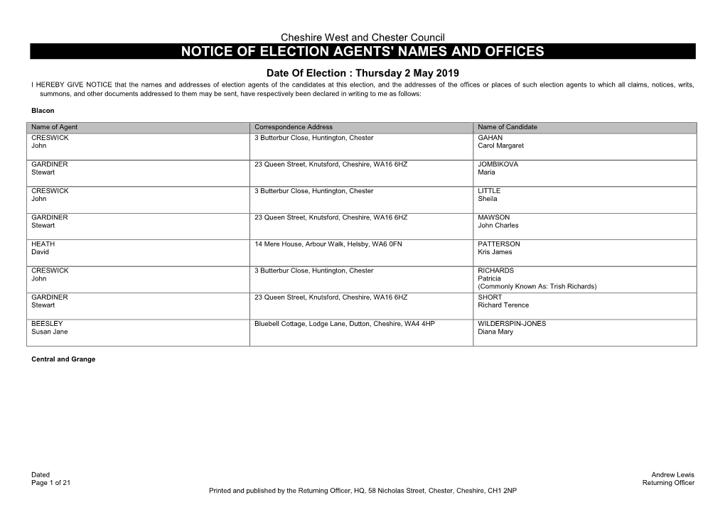 Notice of Election Agents' Names and Offices