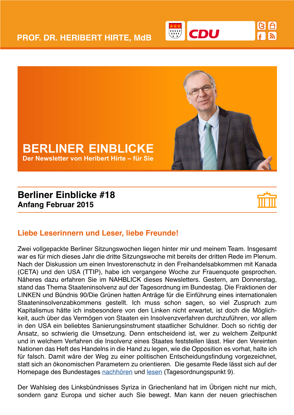 BERLINER EINBLICKE Der Newsletter Von Heribert Hirte – Für Sie