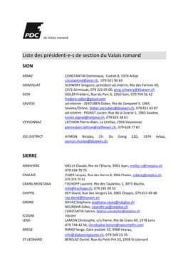 Liste Des Président-E-S De Section Du Valais Romand
