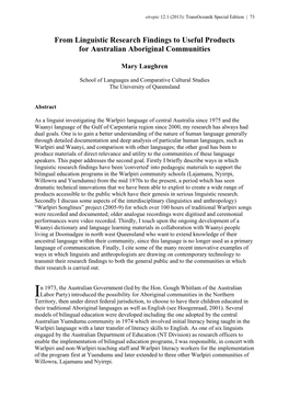 From Linguistic Research Findings to Useful Products for Australian Aboriginal Communities