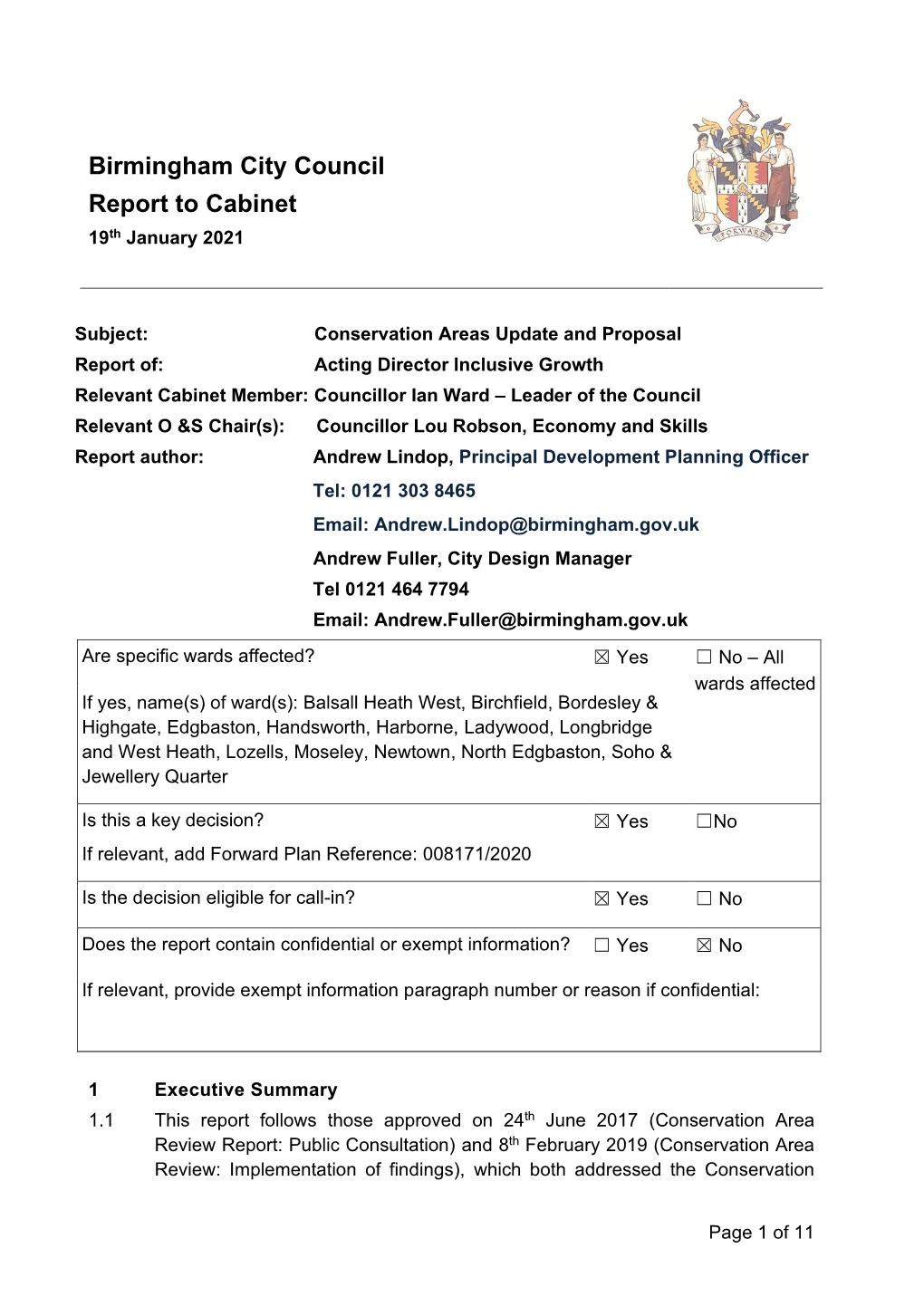 Birmingham City Council Report to Cabinet Th 19 January 2021