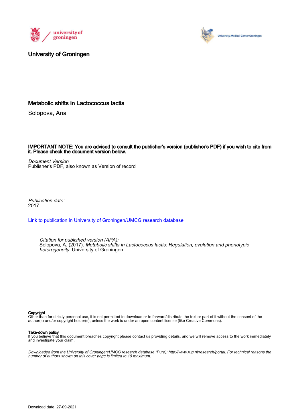 University of Groningen Metabolic Shifts in Lactococcus Lactis