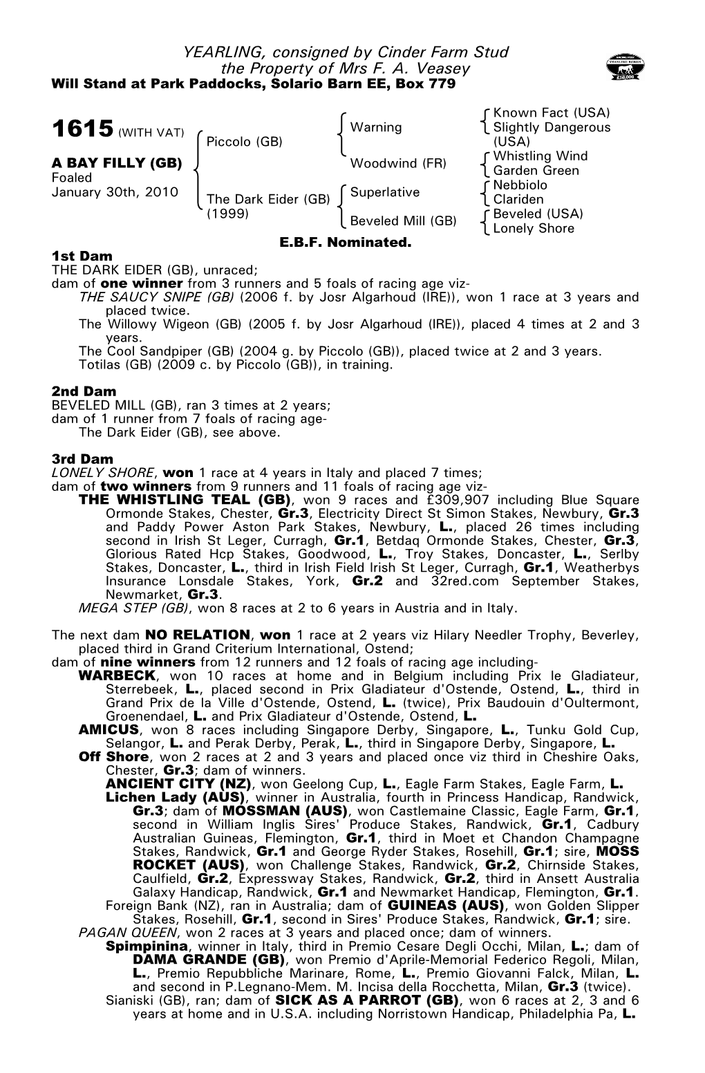 YEARLING, Consigned by Cinder Farm Stud the Property of Mrs F. A. Veasey Will Stand at Park Paddocks, Solario Barn EE, Box 779