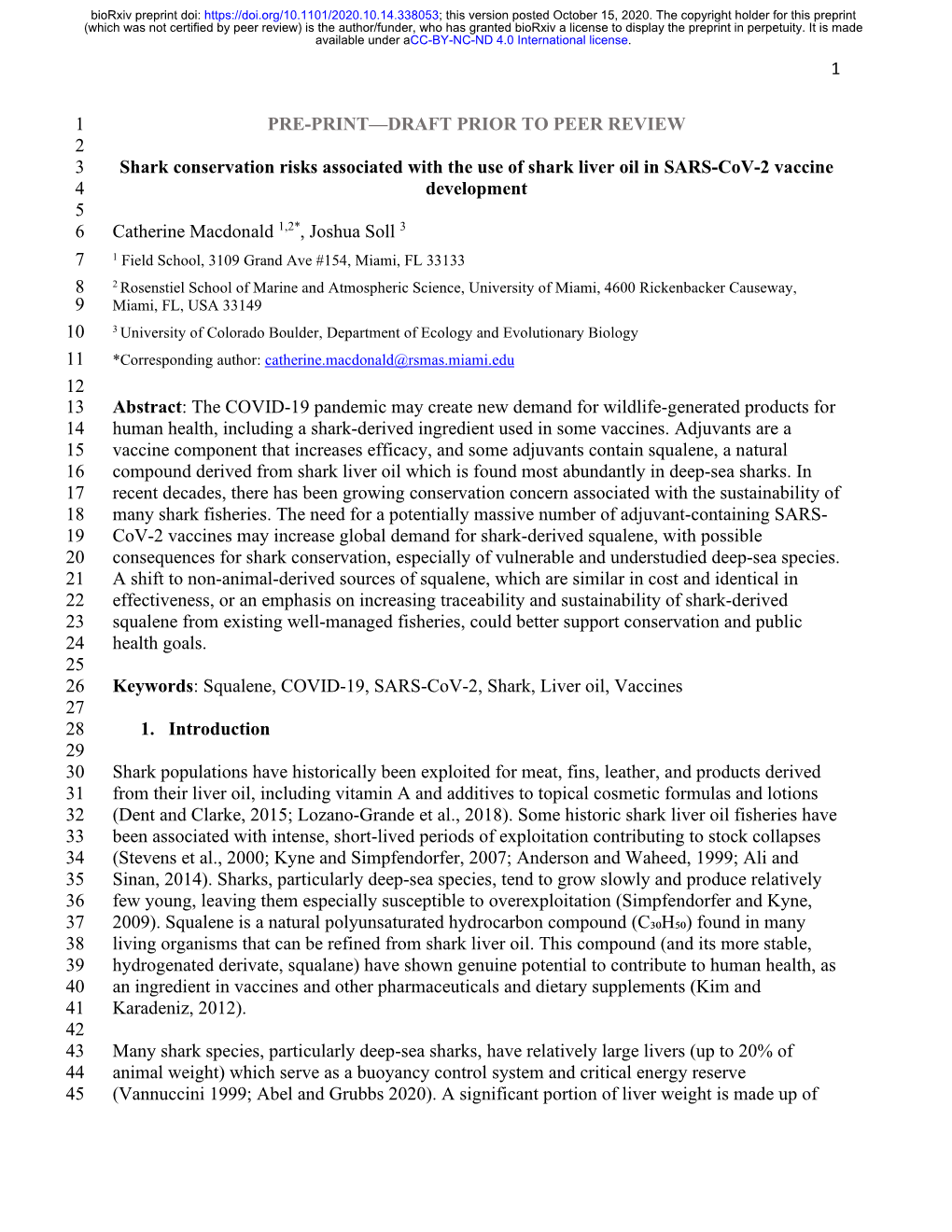 1 PRE-PRINT—DRAFT PRIOR to PEER REVIEW 1 2 Shark Conservation Risks Associated with the Use of Shark Liver Oil in SARS-Cov-2 V