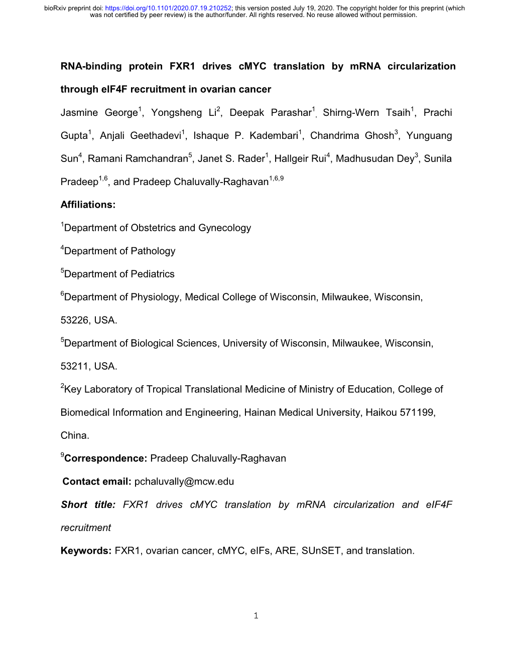 RNA-Binding Protein FXR1 Drives Cmyc Translation by Mrna Circularization