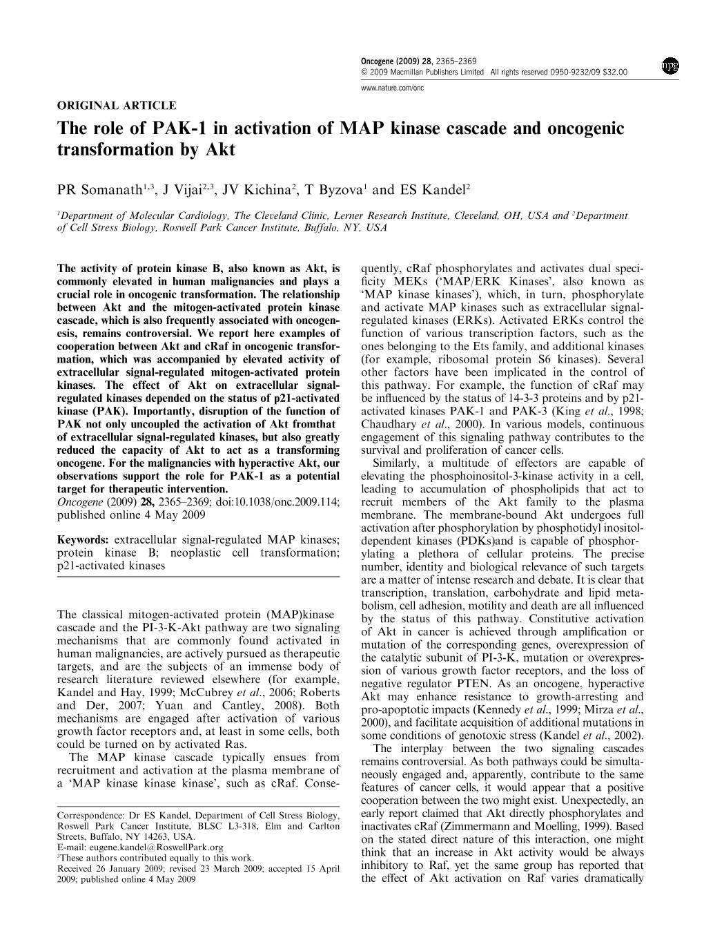 The Role of PAK-1 in Activation of MAP Kinase Cascade and Oncogenic Transformation by Akt