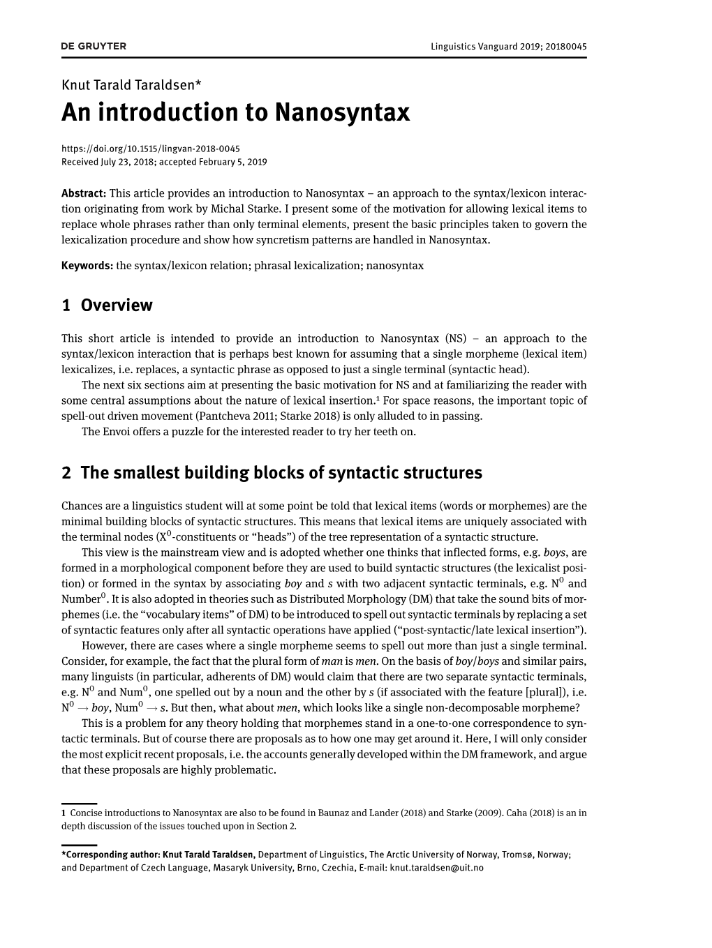 An Introduction to Nanosyntax Received July 23, 2018; Accepted February 5, 2019