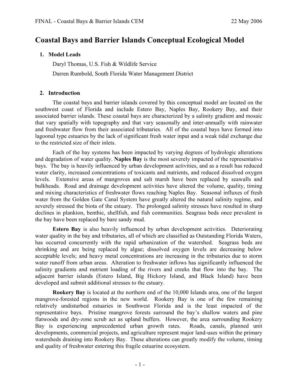 Coastal Bays and Barrier Islands Conceptual Ecological Model