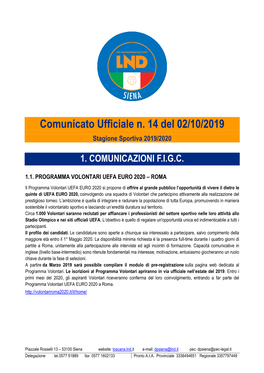 Comunicato Ufficiale N. 14 Del 02/10/2019