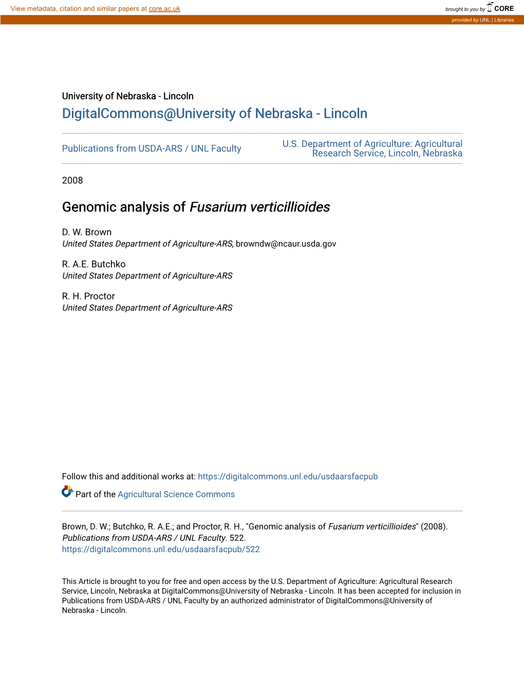 Genomic Analysis of <I>Fusarium Verticillioides</I>