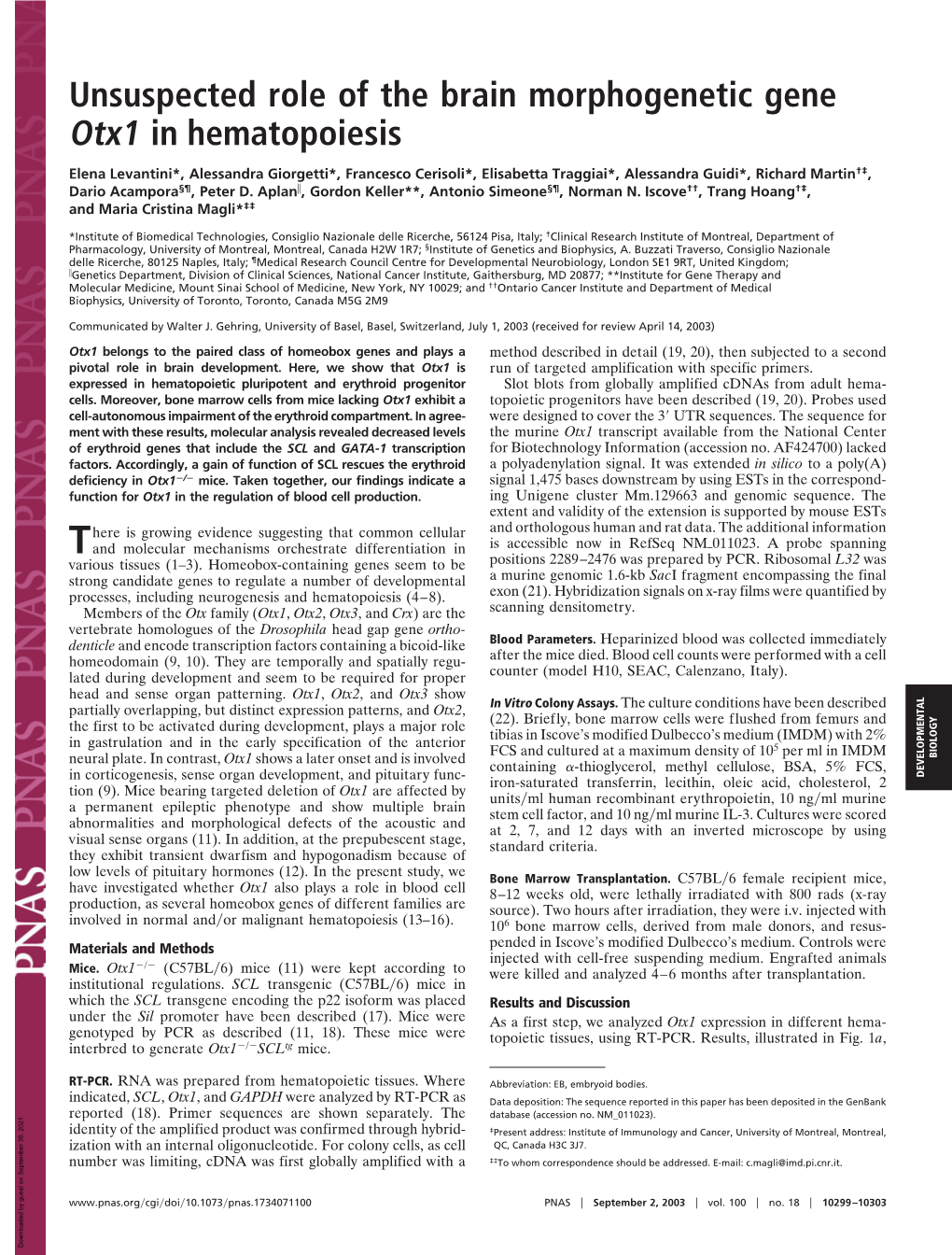 Unsuspected Role of the Brain Morphogenetic Gene Otx1 in Hematopoiesis