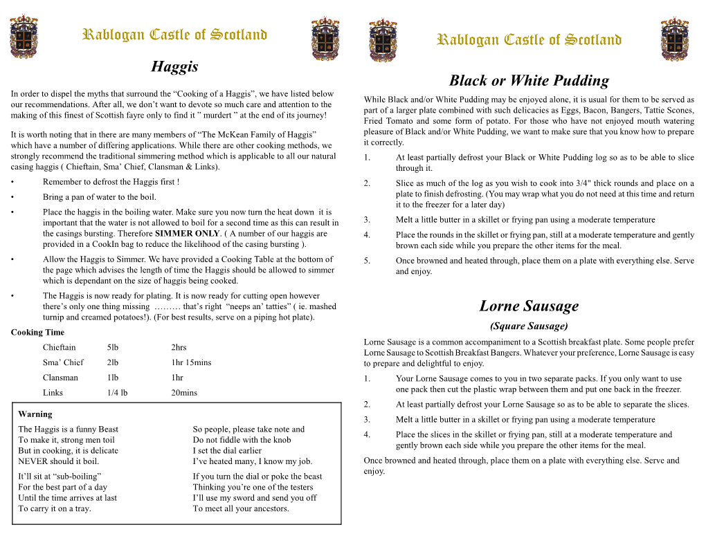 Rablogan Castle of Scotland Haggis Rablogan Castle of Scotland Black Or White Pudding Lorne Sausage