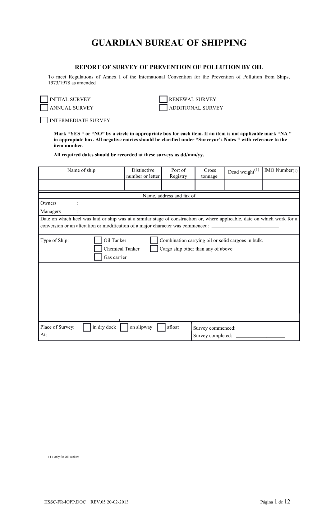 Report of Survey of Prevention of Pollution by Oil