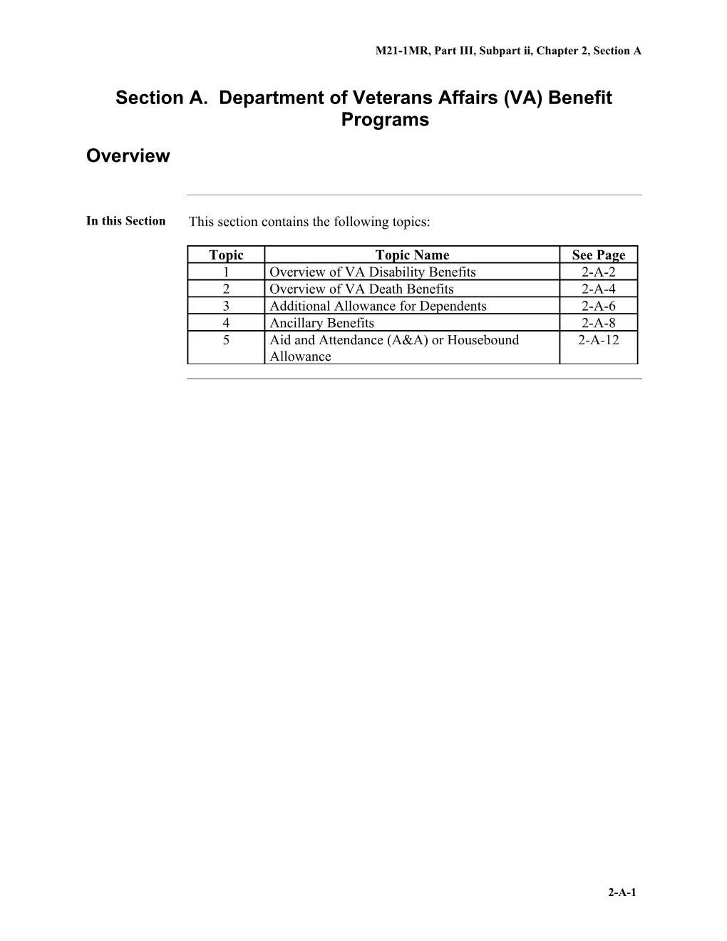 Part III, Subpart Ii, Chapter 2, Section A. Department of Veteran Affairs (VA) Benefit Programs