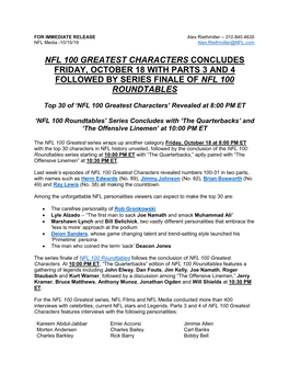 Nfl 100 Greatest Characters Concludes Friday, October 18 with Parts 3 and 4 Followed by Series Finale of Nfl 100 Roundtables