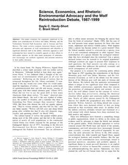 Science, Economics, and Rhetoric: Environmental Advocacy and the Wolf Reintroduction Debate, 1987-1999