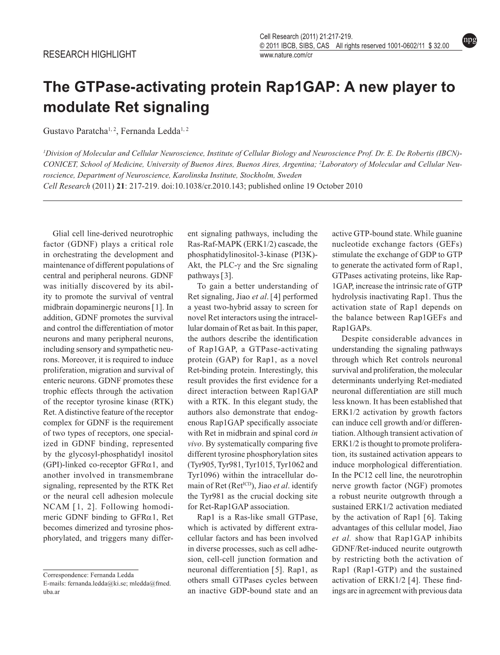 The Gtpase-Activating Protein Rap1gap: a New Player to Modulate Ret Signaling