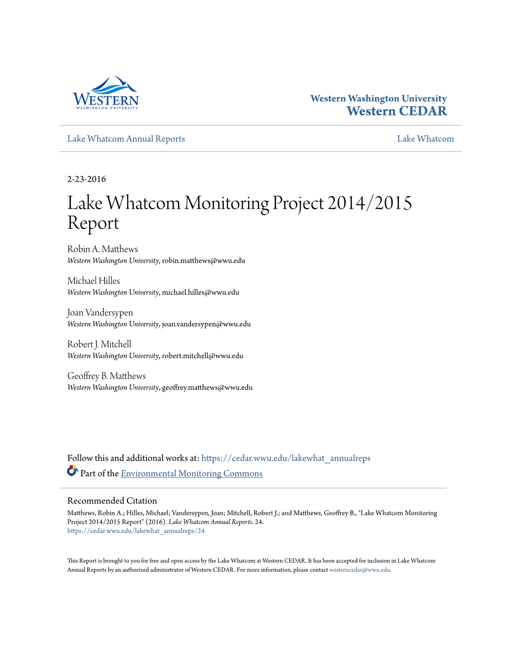 Lake Whatcom Monitoring Project 2014/2015 Report Robin A