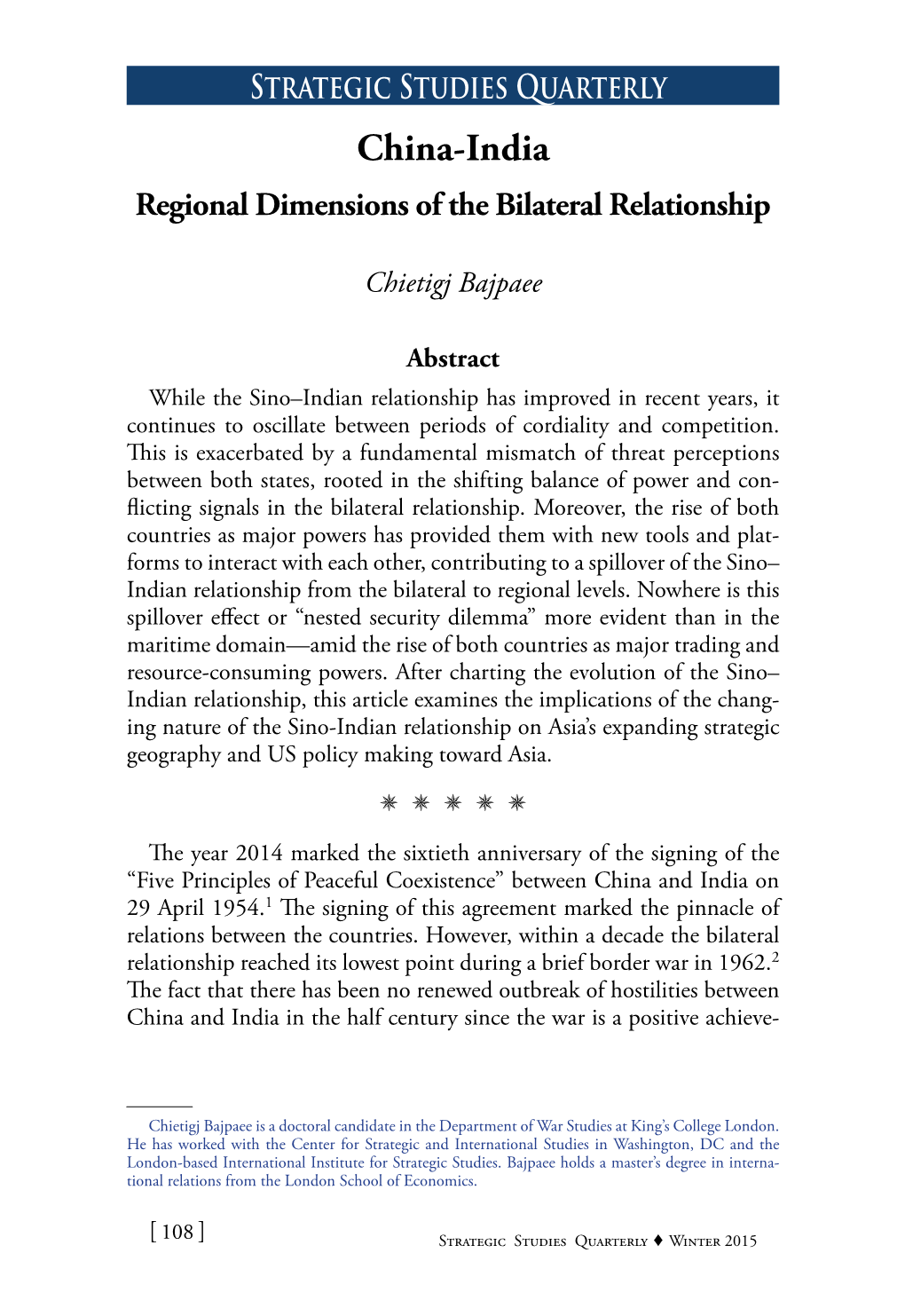 China-India Regional Dimensions of the Bilateral Relationship