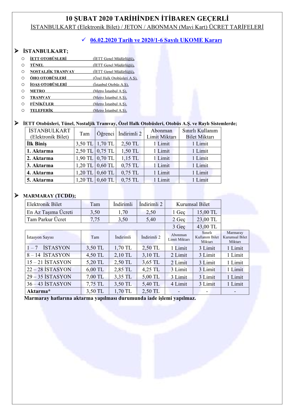 10 ŞUBAT 2020 TARİHİNDEN İTİBAREN GEÇERLİ İSTANBULKART (Elektronik Bilet) / JETON / ABONMAN (Mavi Kart) ÜCRET TARİFELERİ