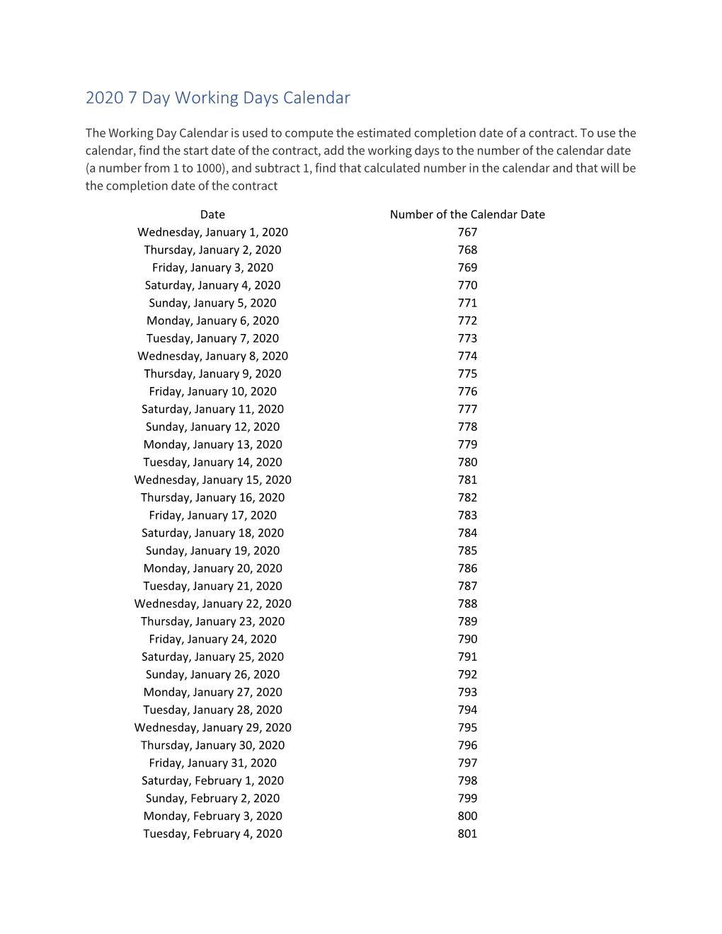 2020 7 Day Working Days Calendar