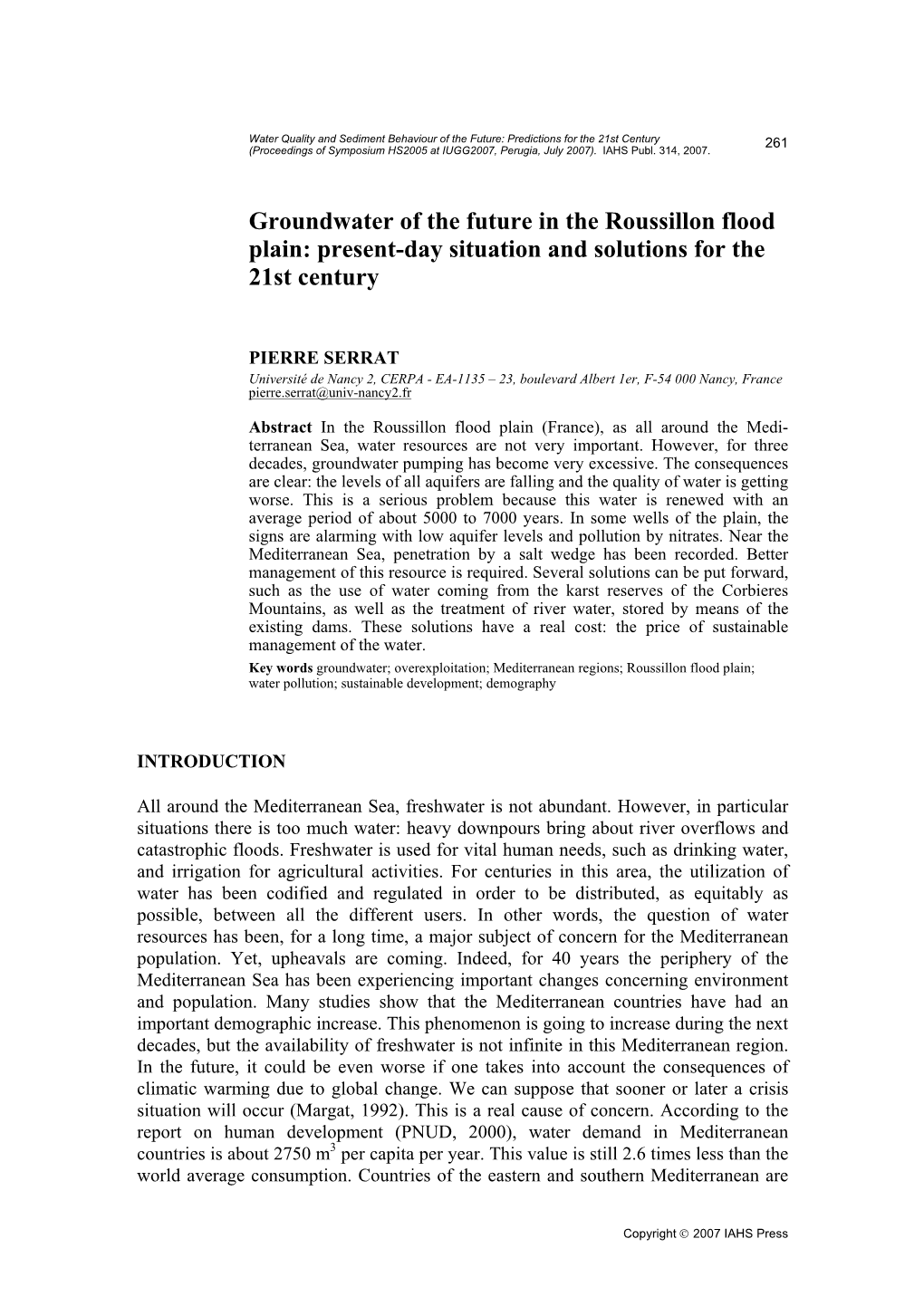 Groundwater of the Future in the Roussillon Flood Plain: Present-Day Situation and Solutions for the 21St Century