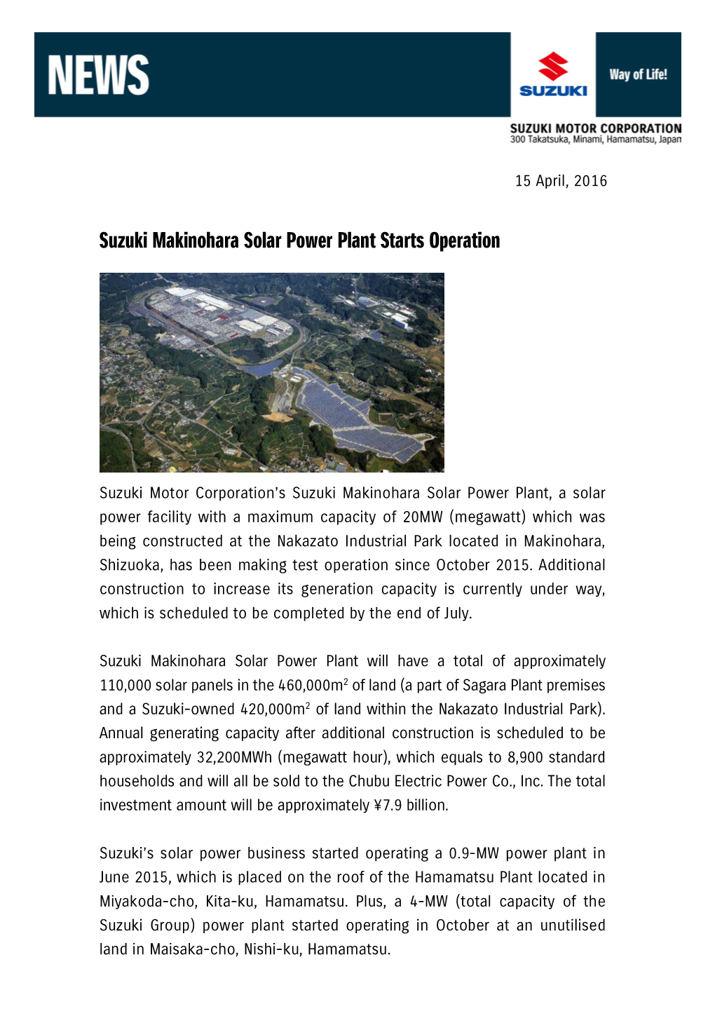 Suzuki Makinohara Solar Power Plant Starts Operation