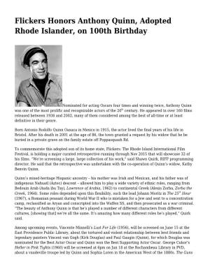 Flickers Honors Anthony Quinn, Adopted Rhode Islander, on 100Th Birthday