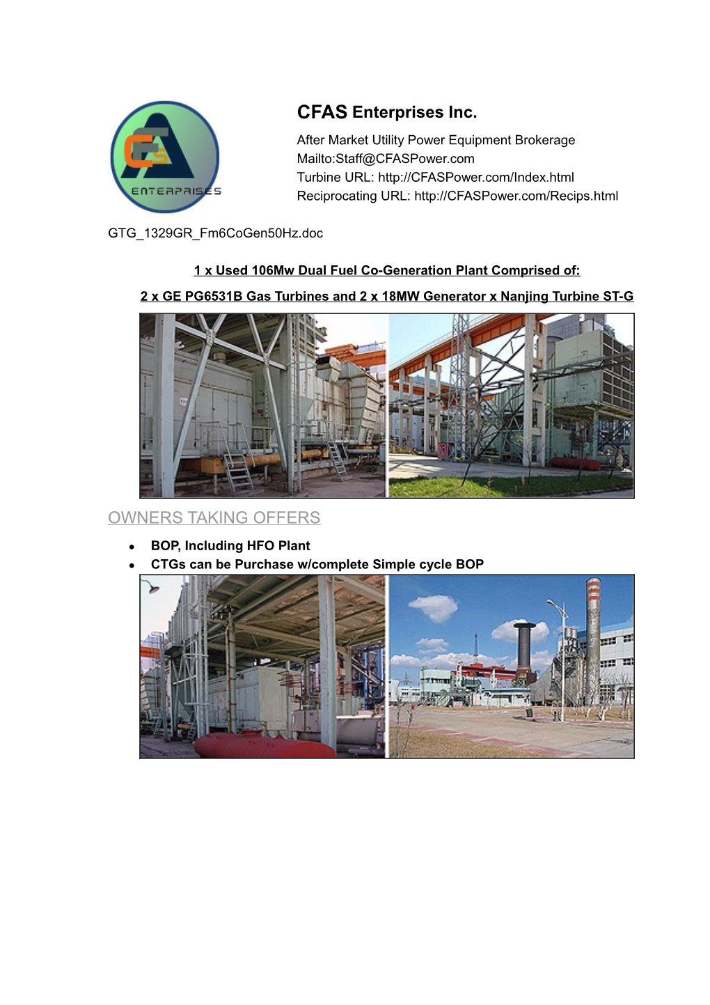 1 X Used 106Mw Dual Fuel Co-Generation Plant Comprised Of