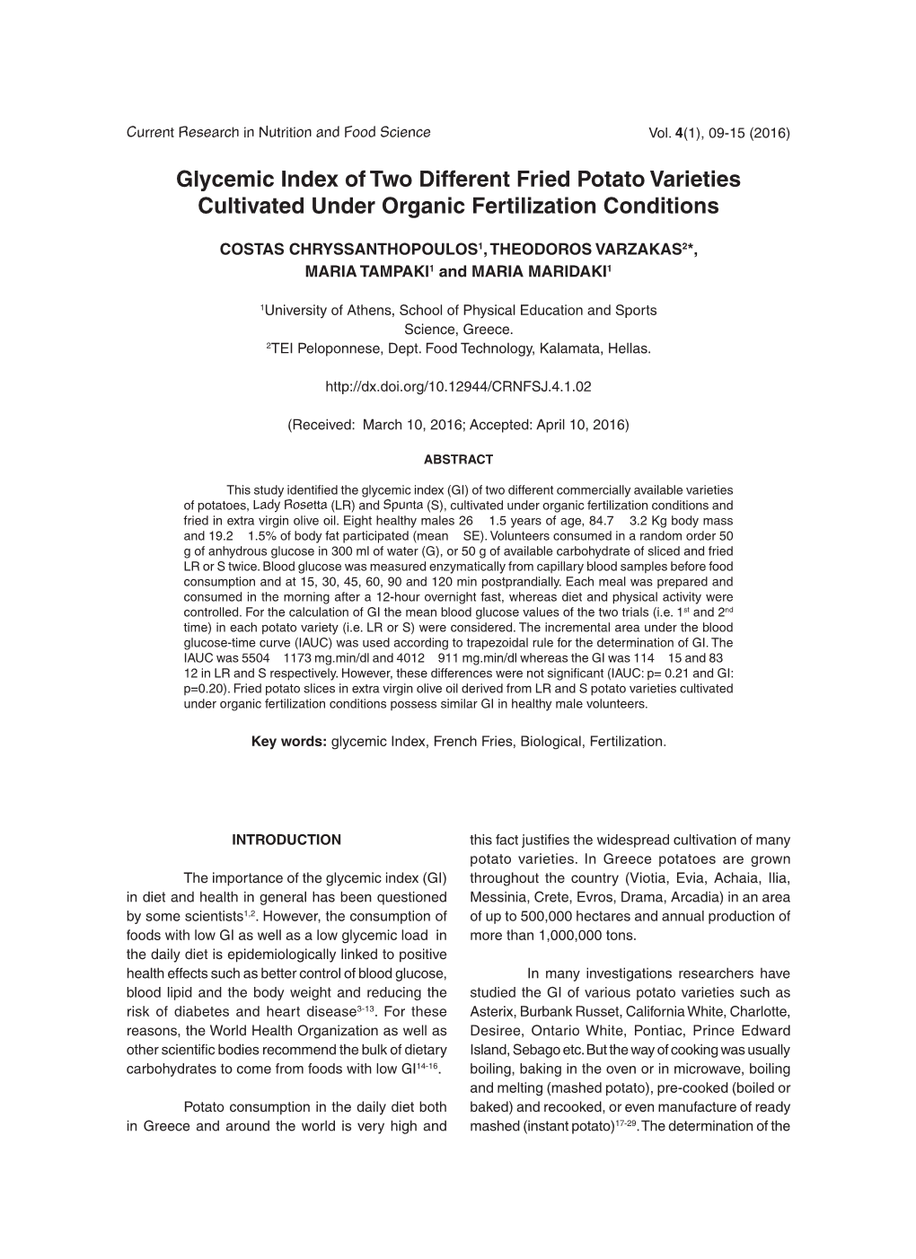 Glycemic Index of Two Different Fried Potato Varieties Cultivated Under Organic Fertilization Conditions