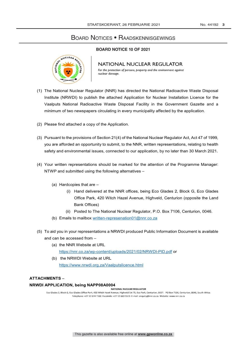 National Nuclear Regulator Act: Application for Vaalputs Nuclear Installation Licence by NRWDI: Representations Invited