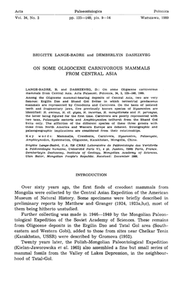 ON SOME OLIGOCENE CARNIVOROUS MAMMALS from CENTRAL ASIA Over Sixty Years Ago, the First Finds of Creodont Mammals from Mongolia