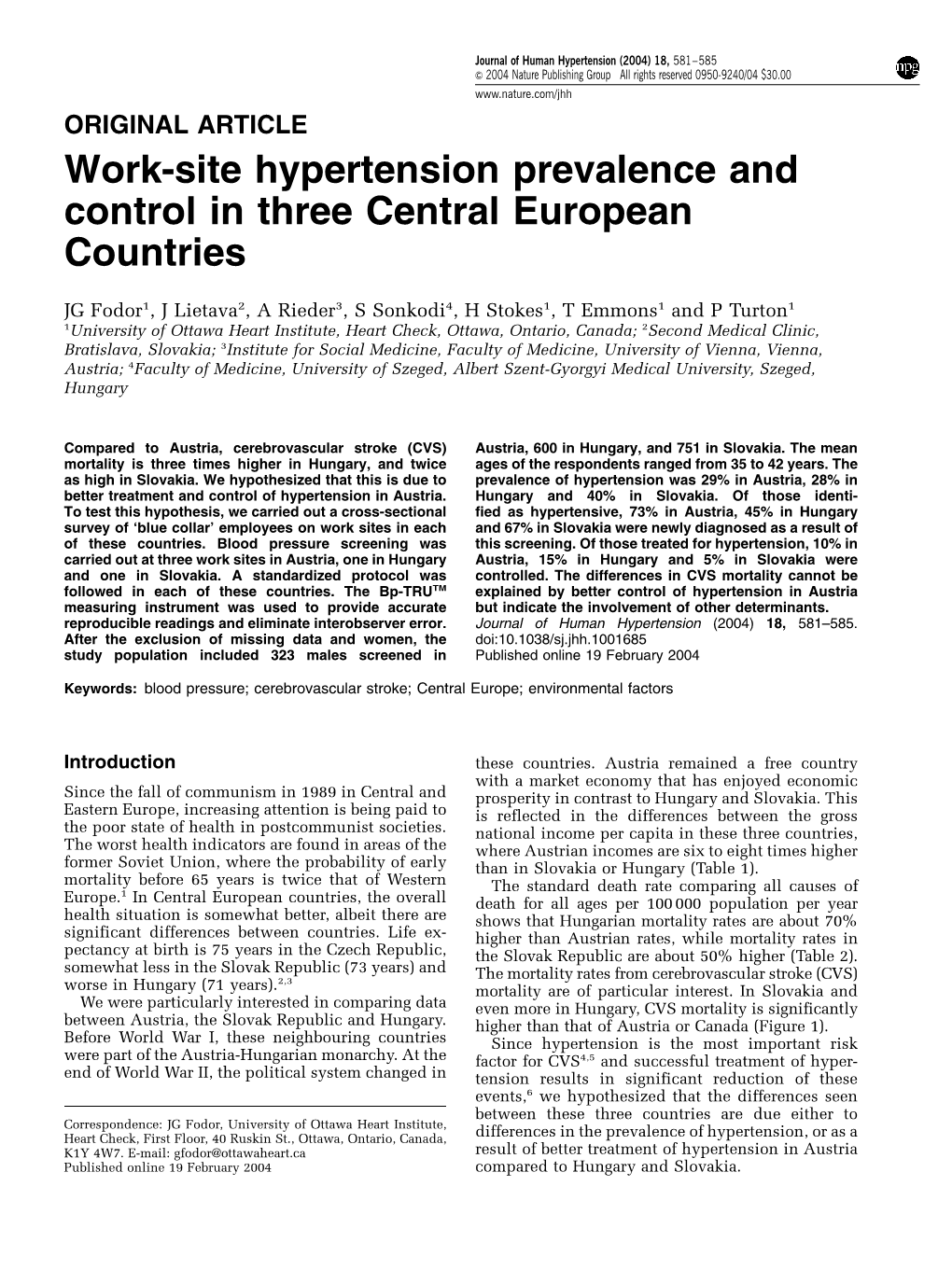 Work-Site Hypertension Prevalence and Control in Three Central European Countries