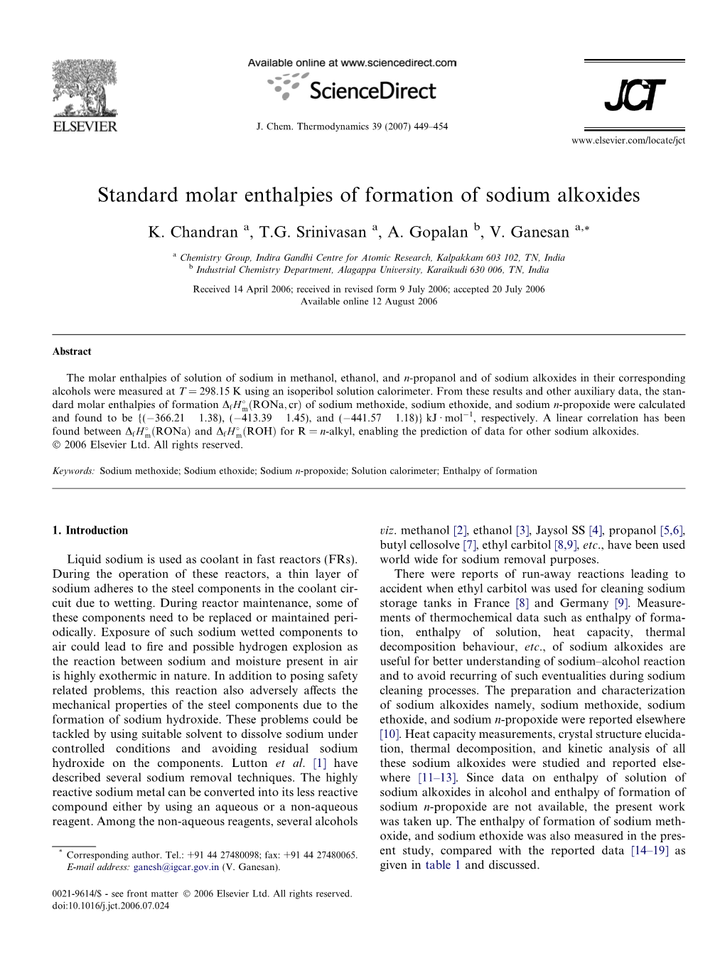 Standard Molar Enthalpies of Formation of Sodium Alkoxides