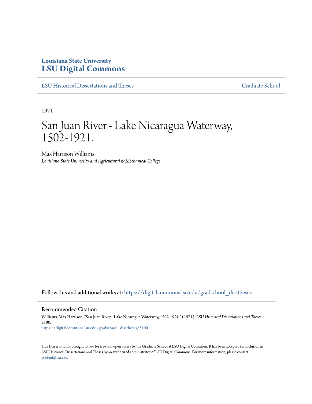 San Juan River - Lake Nicaragua Waterway, 1502-1921