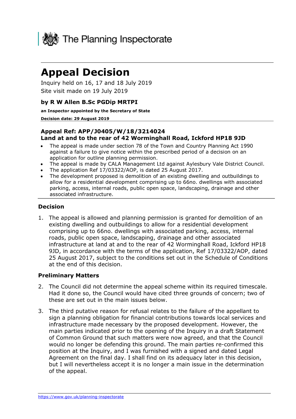 Appeal Decision Inquiry Held on 16, 17 and 18 July 2019 Site Visit Made on 19 July 2019