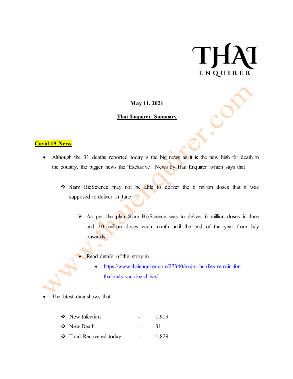 May 11, 2021 Thai Enquirer Summary Covid-19 News • Although the 31