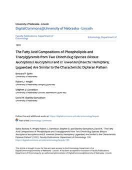 The Fatty Acid Compositions of Phospholipids and Triacylglycerols from Two Chinch Bug Species Blissus Leucopterus Leucopterus and B