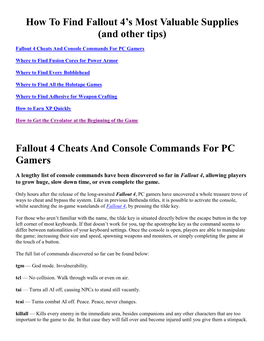 Fallout 4 Cheats and Console Commands for PC Gamers