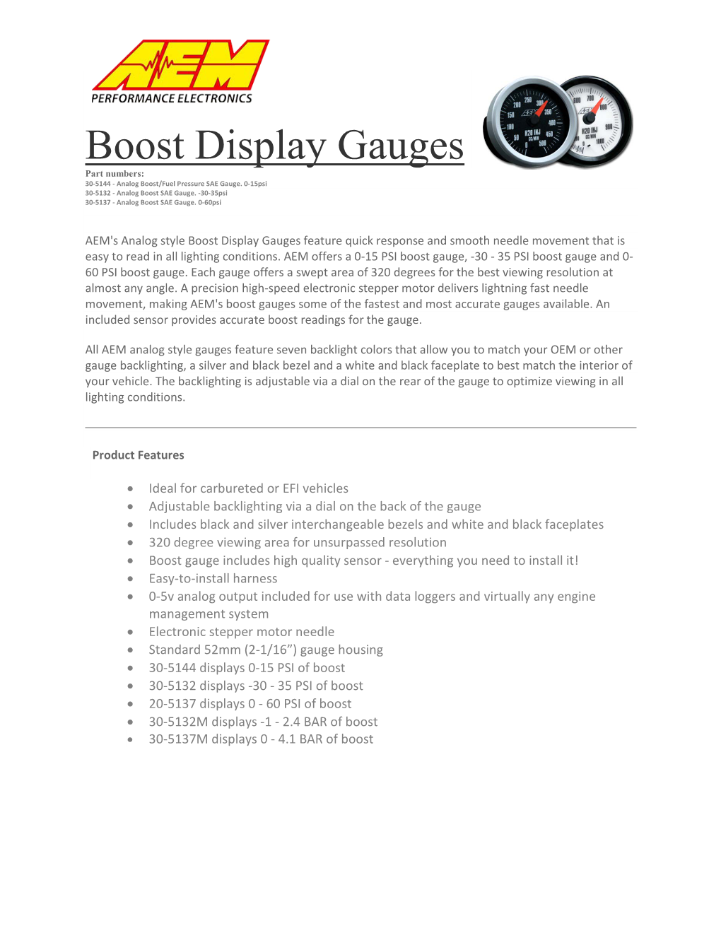 Boost Display Gauges Part Numbers: 30-5144 - Analog Boost/Fuel Pressure SAE Gauge