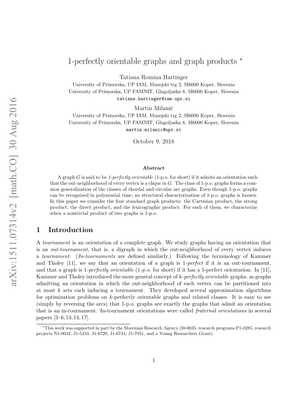 1-Perfectly Orientable Graphs and Graph Products ∗