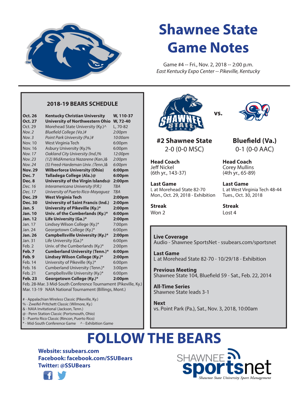 Shawnee State Game Notes FOLLOW the BEARS