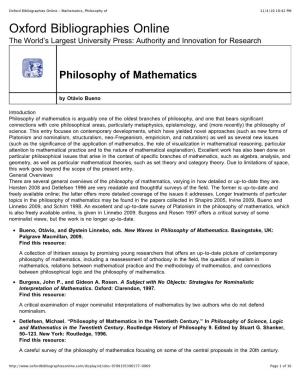 Mathematics, Philosophy of 11/4/10 10:42 PM Oxford Bibliographies Online the World’S Largest University Press: Authority and Innovation for Research