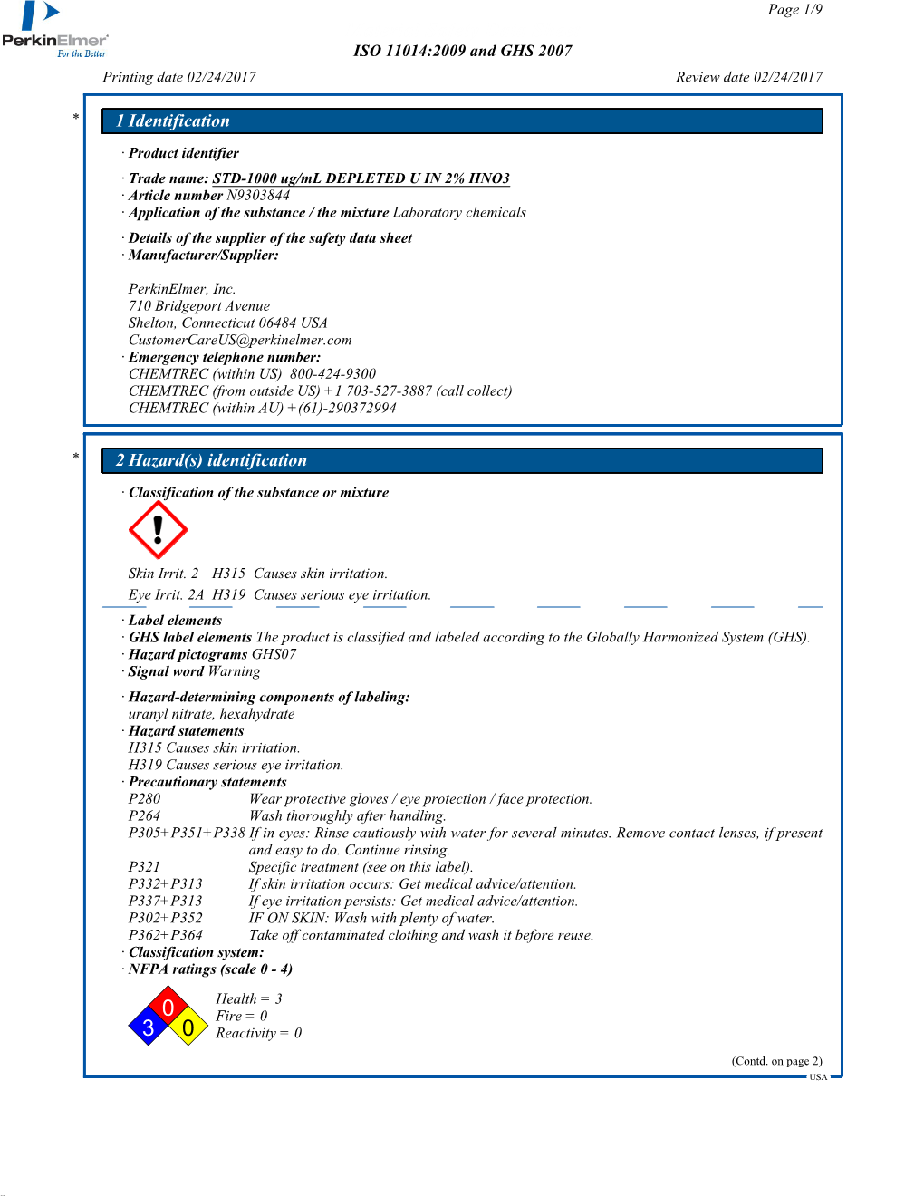 Material Safety Data Sheet ISO 11014:2009 and GHS 2007 Printing Date 02/24/2017 Review Date 02/24/2017