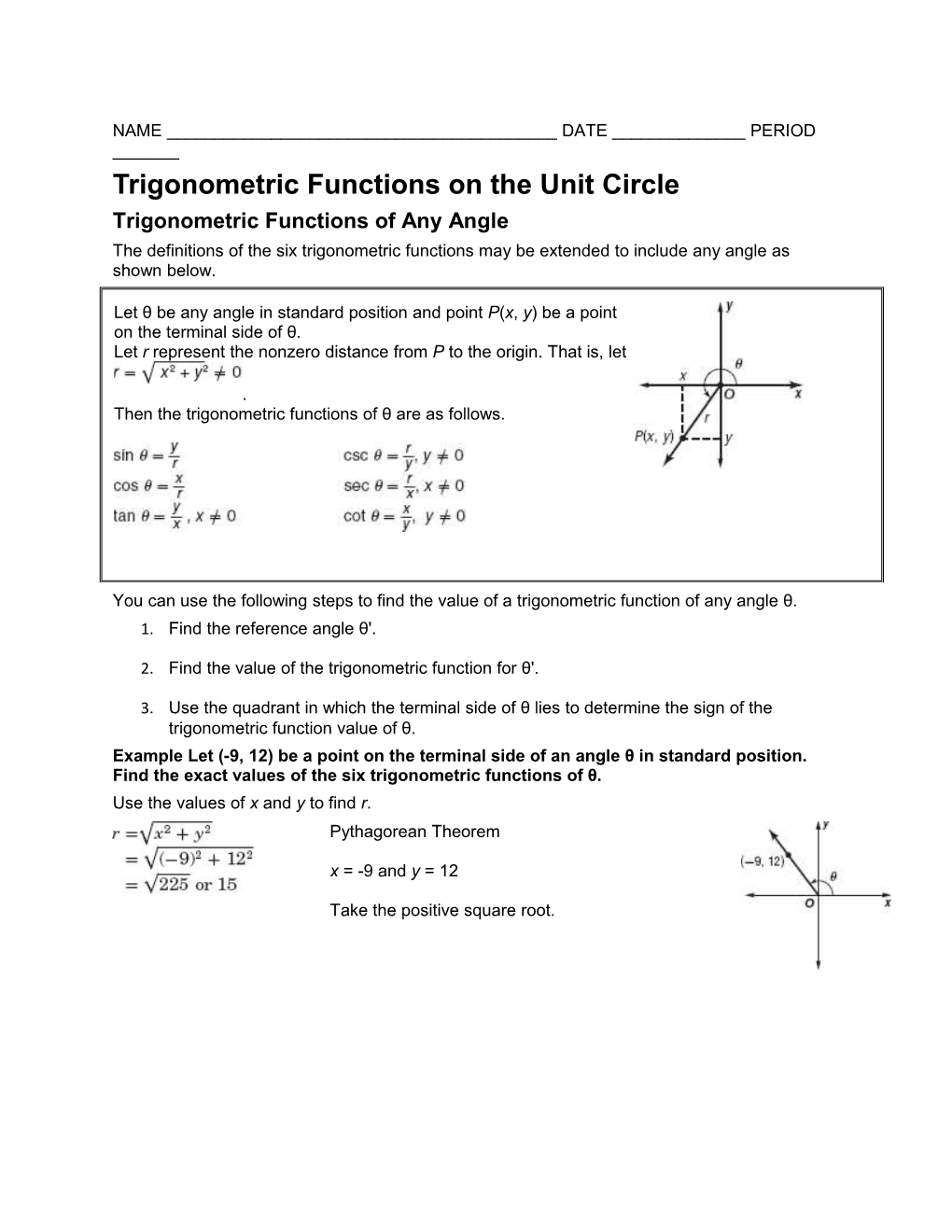 Trigonometric Functions on the Unit Circle